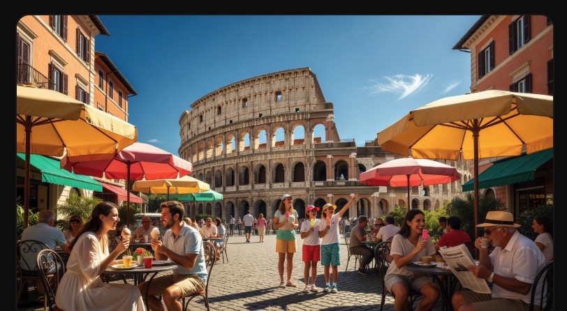 Generated sunny summer scene in a Roman piazza with the Colosseum